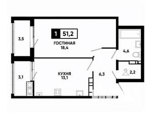 1-к квартира, вторичка, 51м2, 17/24 этаж
