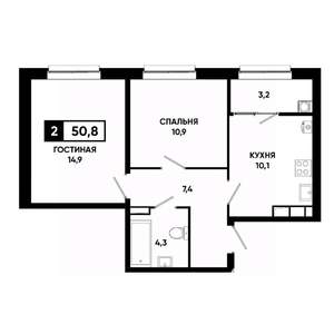 2-к квартира, вторичка, 51м2, 12/19 этаж