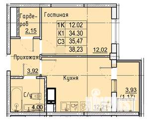 1-к квартира, строящийся дом, 38м2, 19/21 этаж