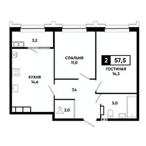 2-к квартира, строящийся дом, 58м2, 19/21 этаж