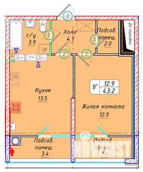1-к квартира, вторичка, 43м2, 12/22 этаж
