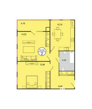 2-к квартира, строящийся дом, 54м2, 1/6 этаж