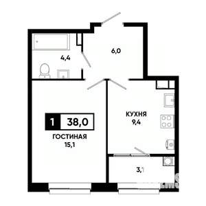 1-к квартира, вторичка, 38м2, 8/19 этаж