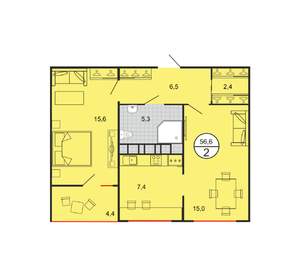 2-к квартира, строящийся дом, 57м2, 13/19 этаж