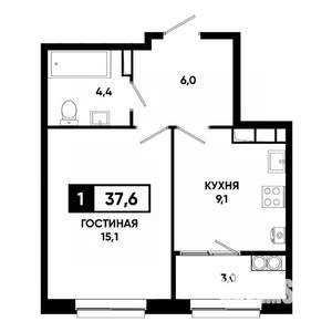 1-к квартира, строящийся дом, 38м2, 16/19 этаж