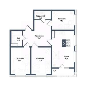 3-к квартира, вторичка, 89м2, 2/20 этаж