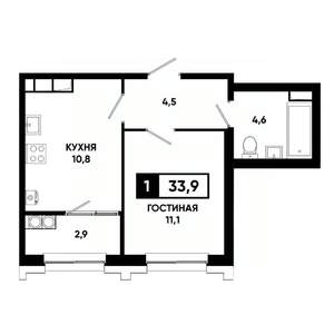 1-к квартира, строящийся дом, 34м2, 16/21 этаж