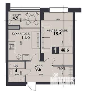1-к квартира, строящийся дом, 49м2, 10/12 этаж