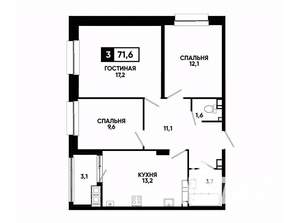 3-к квартира, вторичка, 72м2, 13/16 этаж