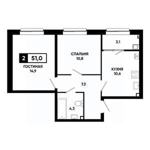 2-к квартира, строящийся дом, 51м2, 2/19 этаж