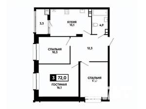 3-к квартира, вторичка, 72м2, 3/24 этаж