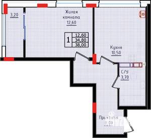 1-к квартира, строящийся дом, 38м2, 7/10 этаж