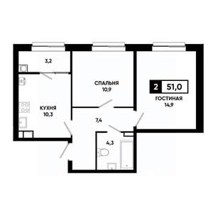 2-к квартира, вторичка, 51м2, 9/19 этаж