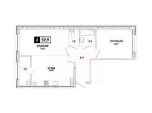 2-к квартира, вторичка, 60м2, 9/12 этаж