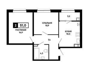 2-к квартира, вторичка, 51м2, 4/19 этаж
