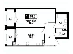 1-к квартира, вторичка, 52м2, 6/16 этаж