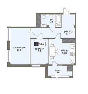 2-к квартира, строящийся дом, 62м2, 11/12 этаж