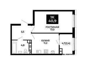 1-к квартира, вторичка, 41м2, 14/24 этаж