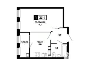 1-к квартира, вторичка, 33м2, 9/14 этаж