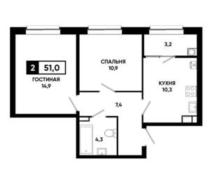 2-к квартира, вторичка, 51м2, 3/19 этаж