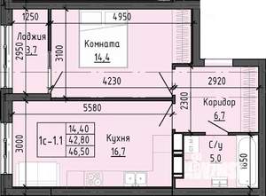 1-к квартира, вторичка, 46м2, 19/25 этаж
