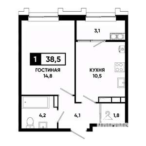 1-к квартира, вторичка, 39м2, 21/21 этаж