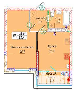 1-к квартира, вторичка, 39м2, 21/22 этаж