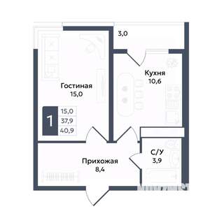 1-к квартира, вторичка, 41м2, 8/22 этаж