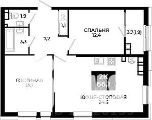 1-к квартира, вторичка, 66м2, 23/24 этаж