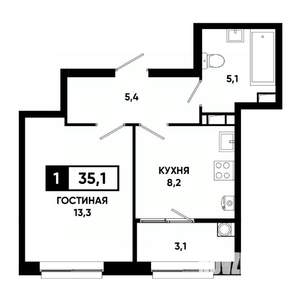 1-к квартира, строящийся дом, 35м2, 11/19 этаж