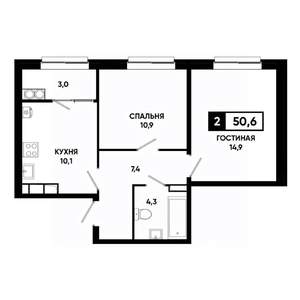 2-к квартира, строящийся дом, 51м2, 18/19 этаж