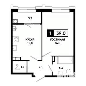 1-к квартира, вторичка, 39м2, 5/21 этаж
