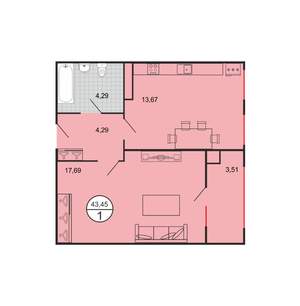 1-к квартира, строящийся дом, 43м2, 4/4 этаж