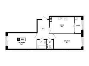 2-к квартира, вторичка, 62м2, 5/14 этаж