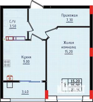 1-к квартира, строящийся дом, 38м2, 8/10 этаж