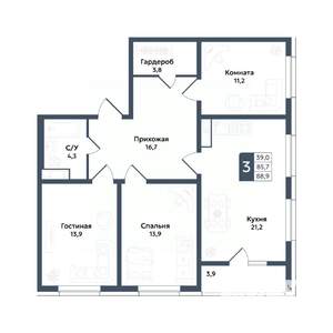 3-к квартира, вторичка, 89м2, 8/20 этаж