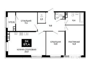 2-к квартира, вторичка, 87м2, 22/24 этаж