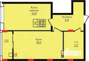 1-к квартира, строящийся дом, 53м2, 1/10 этаж