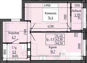 1-к квартира, вторичка, 46м2, 14/25 этаж