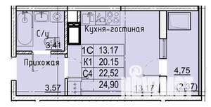 Студия квартира, строящийся дом, 25м2, 9/21 этаж