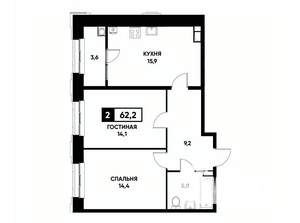 2-к квартира, вторичка, 62м2, 8/12 этаж
