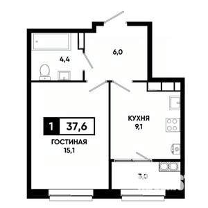 1-к квартира, вторичка, 38м2, 19/19 этаж