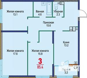 3-к квартира, строящийся дом, 85м2, 11/22 этаж