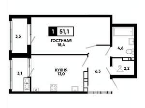 1-к квартира, вторичка, 51м2, 21/24 этаж