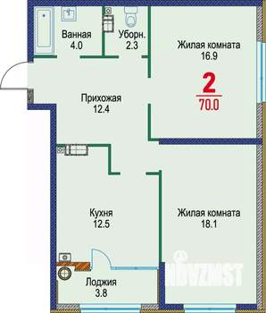 2-к квартира, строящийся дом, 70м2, 19/22 этаж