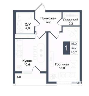 1-к квартира, вторичка, 41м2, 2/22 этаж