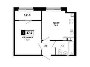 1-к квартира, вторичка, 37м2, 6/14 этаж