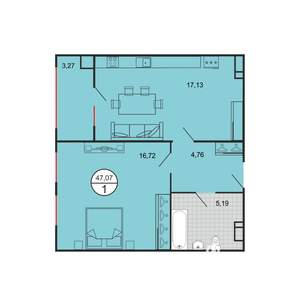 1-к квартира, строящийся дом, 47м2, 4/6 этаж