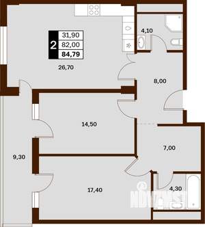 2-к квартира, строящийся дом, 85м2, 9/14 этаж