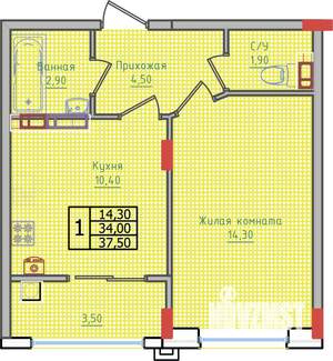 1-к квартира, строящийся дом, 38м2, 4/10 этаж